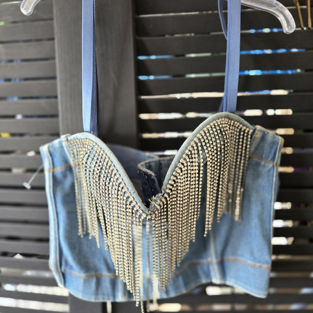 Rhinestone denim bra top XS
